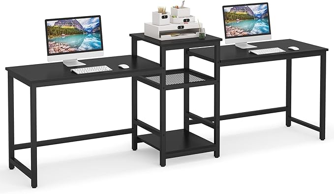 Tribesigns 96.9" Double Computer Desk with Printer Shelf, Extra Long Two Person Desk Workstation with Storage Shelves, Large Office Desk Study Writing Table for Home Office (Black) - LeafyLoom