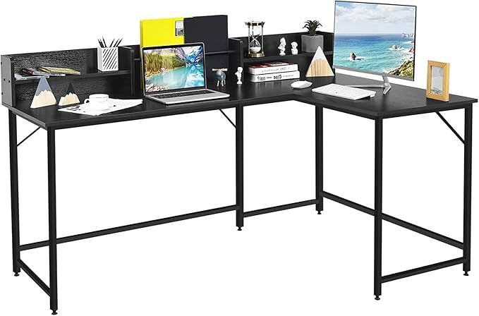 LUARANE 65.5 Inches L-Shaped Desk, Industrial Computer Desk with Hutch File Rack, Space Saving Corner Desk with Metal Frame, Computer Workstation for Home Office (Black) - LeafyLoom