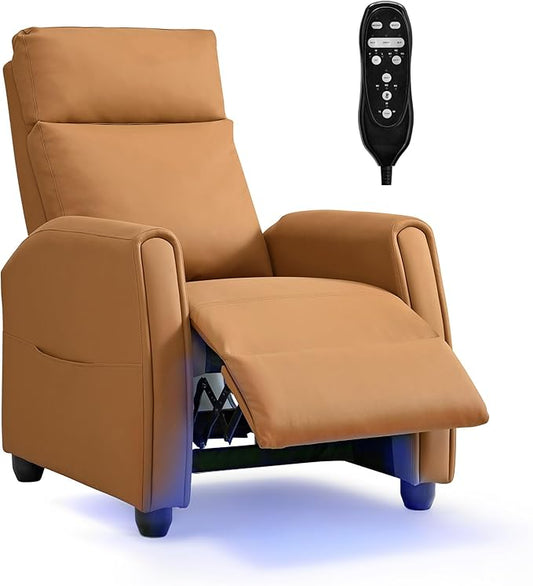 Recliner Chair for Adults PU Leather Push Back Armchair with 4 Colors Ambient Lighting Home Theater Seating with Massage & Heat Vibration Single Sofa for Living Room, Camel - LeafyLoom