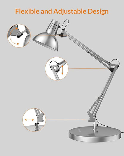 LEPOWER Metal Desk Lamp, Adjustable Goose Neck Architect Table Lamp with On/Off Switch, Swing Arm Desk Lamp with Clamp, Eye-Caring Reading Lamp for Bedroom, Study Room &Office (Silver) - LeafyLoom