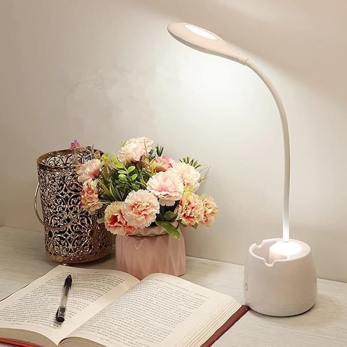 LED Desk Lamp with Pen Holder, Flexible Gooseneck Adjustable Brightness Level Reading Light, 2000mAh Rechargeable Eye-Caring with USB Port Touch Control - LeafyLoom