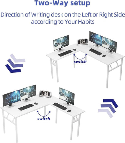 DlandHome L-Shaped Folding Computer Desk 55inches and 55inches Left and Right Adjustable Half-Installed Home Office Workstation Corner Table,White +White - LeafyLoom