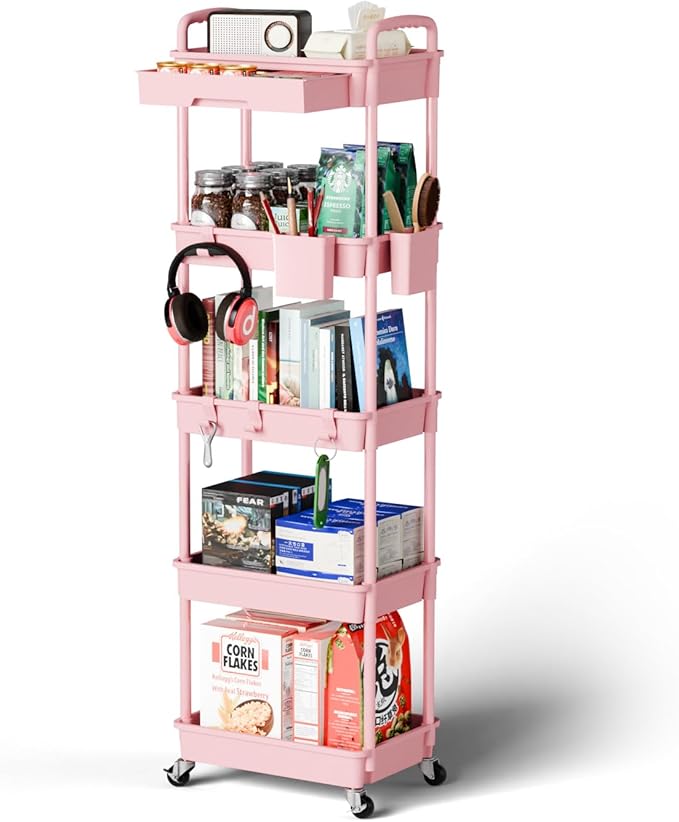 5 Tier Small Rolling Cart Organizer,Bathroom Cart Organizers with Wheels Laundry Room Organization Mobile Shelving Unit Utility Cart Storage Shelves Multi-Functional for Office, Home(Pink) - LeafyLoom