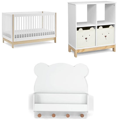 Delta Children babyGap Tate 4-in-1 Convertible Crib + Brannan Bear Bookcase with Bins + Brannan Bear Wall Shelf with 4 Hooks, Bianca White/Natural (Bundle) - LeafyLoom