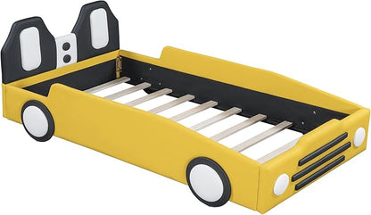 Twin Size Car Bed for Boys,Race Car-Shaped Wooden Platform Bedframe with Wheels & Safety Guardrail,Slats Support,Easy Assembly,Fun Play for Kids Toddlers Child's Bedroom,Yellow PU - LeafyLoom