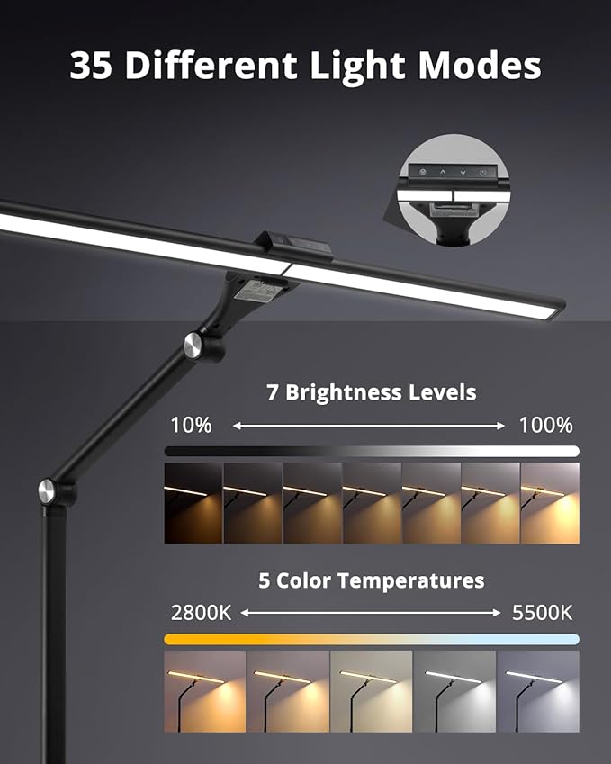 LED Desk Lamps for Home Office 24W Double Head with USB Charging Port and Plug,Modern Architect Table Light with Clamp 5CCT Color Changing Dimmable for Reading Study 31.5Inch Balck - LeafyLoom