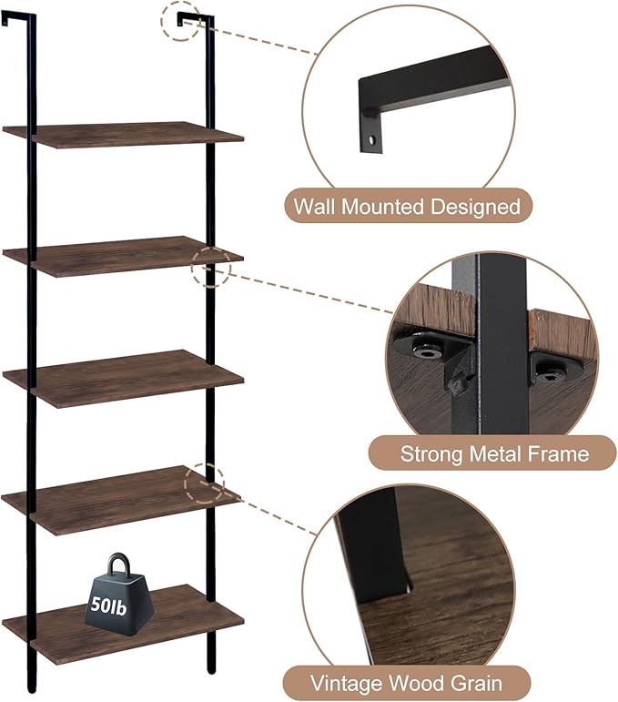 5 Tiers Ladder Shelf 2-Piece Black Modern Tall Bookshelf Open Large Tall Wall Mount Storage Bookcase Standing Leaning Wall Shelves Industrial Decorative - LeafyLoom