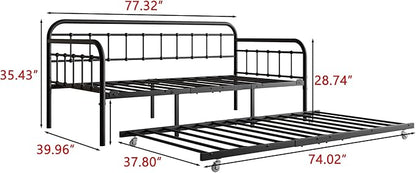 Twin Size Metal Daybed Frame with Trundle and Headboard,Guest Room Multifunctional Heavy Duty Sofa Bed Platform w/Steel Slat Support & Easy Assembly,for Adult Kid Boy Girl,Black - LeafyLoom