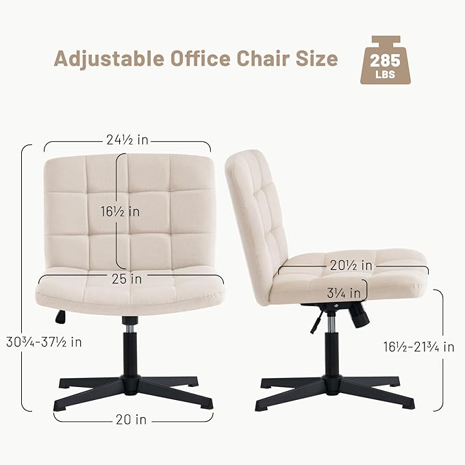 Furniliving Linen Office Desk Chair No Wheels, Armless Swivel Home Office Chair Height Adjustable Wide Office Chair for Bedroom, Modern Mid Back Accent Chair Computer Task Chair, Beige - LeafyLoom