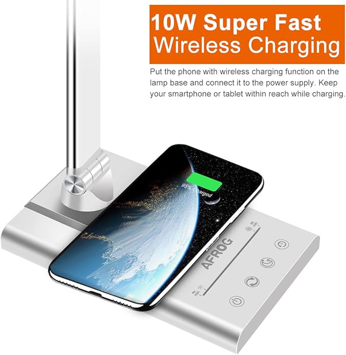 AFROG 5th Gen Multifunctional LED Desk Lamp with 10W Fast Wireless Charger, USB Charging Port,1800Lux Super Bright,5 Lighting Mode,7 Brightness, Touch Control, Auto Timer, 15W Office Table Lamp - LeafyLoom