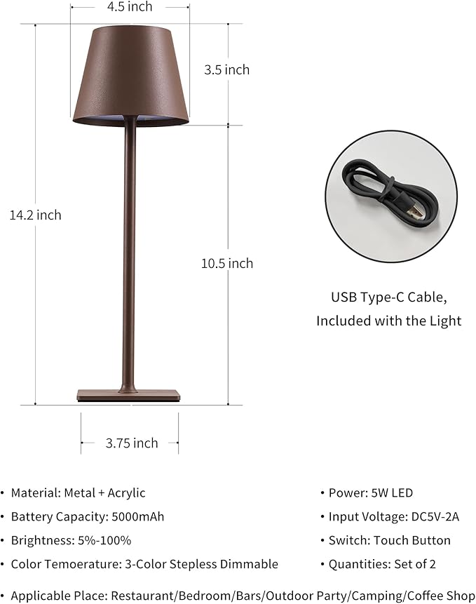 KDG 2 Pack Cordless Table Lamp,Portable LED Desk Lamp, 5000mAh Battery Operated, 3 Color Stepless Dimming Up, for Restaurant/Bedroom/Bars/Outdoor Party/Camping/Coffee Shop Night Light(Brown) - LeafyLoom