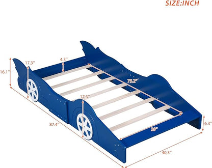 Car Shaped Toddler Bed with Wheels,Racecar Platform Beds W/Safety Guardrail,Slats Support,Stylish Design,Easy Assembly,Wood Twin Bedframe for Boys Toddlers Kids Teens Bedroom,Blue - LeafyLoom