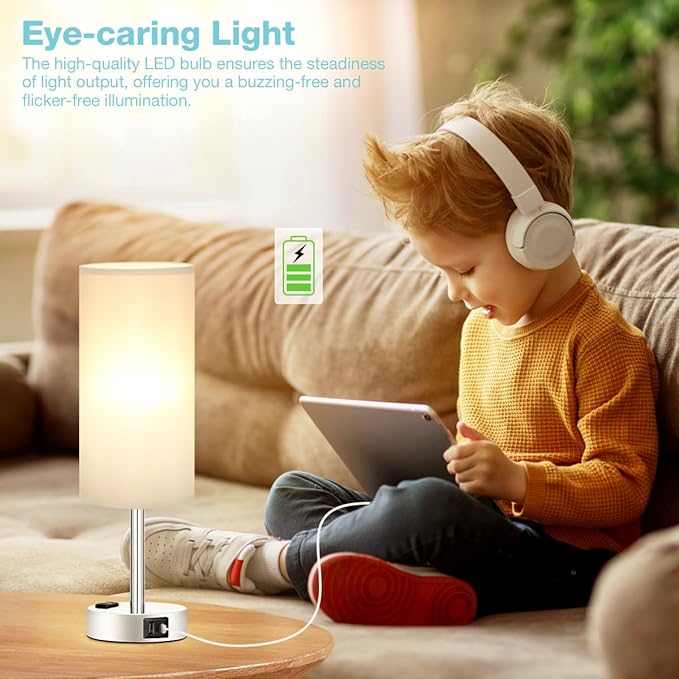 Light Grey Table Lamp for Nightstand - 3 Way Dimmable Touch Bedside Lamp USB C and A Charging Ports and AC Outlet, Small Desk Lamp with Silver Base for Office Nursery, LED Bulb Included - LeafyLoom