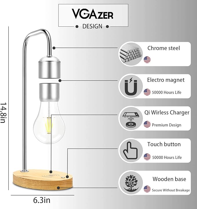 VGAzer Magnetic Levitating Floating Wireless LED Light Bulb with Wireless Charger for Desk Lamp,Room or Office Decor,Unique Gifts - LeafyLoom