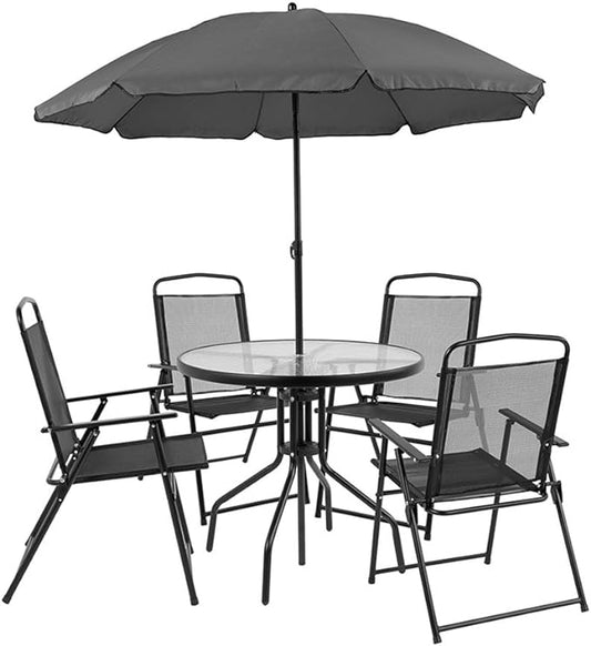 Flash Furniture Nantucket 6 Piece Patio Garden Table Set - Umbrella Table - Set of 4 Black Folding Chairs - LeafyLoom