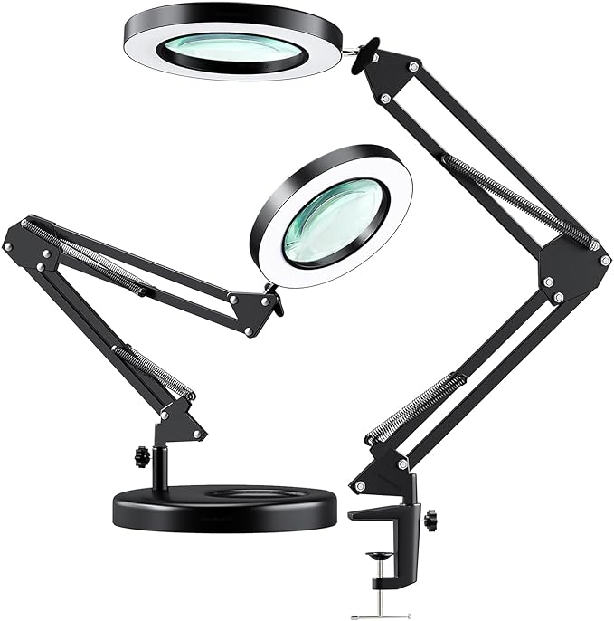 HITTI 【Upgraded】 5X LED Magnifying Lamp, 1,800 Lumens Stepless Dimmable, 3 Color Modes, 8-Diopter 4.2″ Real Glass Lens Magnifier Desk lamp, Magnifying Light and Stand for Crafts Reading Close Work - LeafyLoom