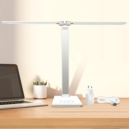 Desk Lamp Dimmable Table Lamp Foldable Reading Lamp Double Swing Arm Desk Light with USB Charging Port,5 Light Modes, Touch Control, Auto-Off Timer, Eye-Caring Led Desk Lamp (Silver) - LeafyLoom