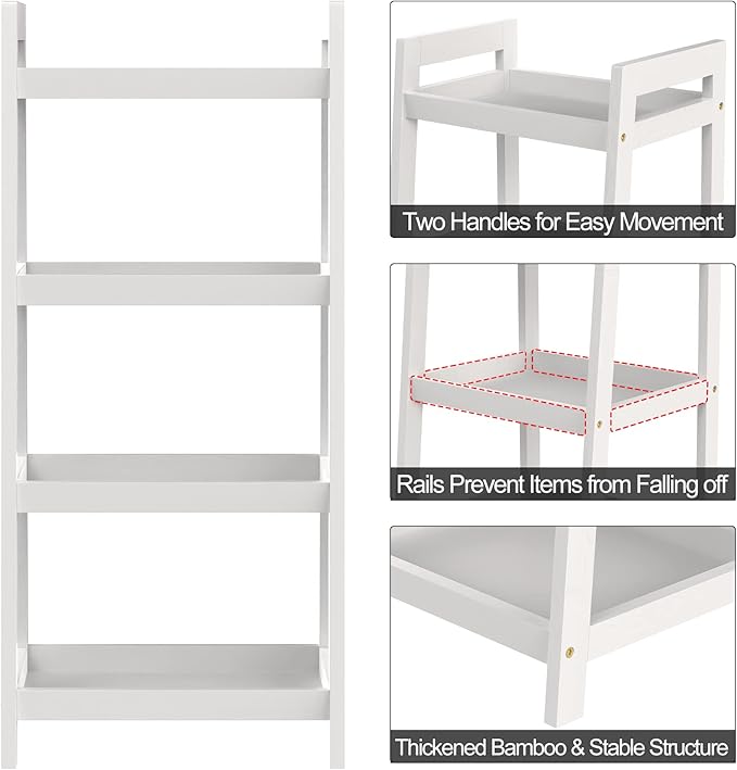 4 Tier Bamboo Bookshelf, Free Standing Ladder Shelf, Storage Shelf Rack for Bathroom, Kitchen, Living Room - White - LeafyLoom