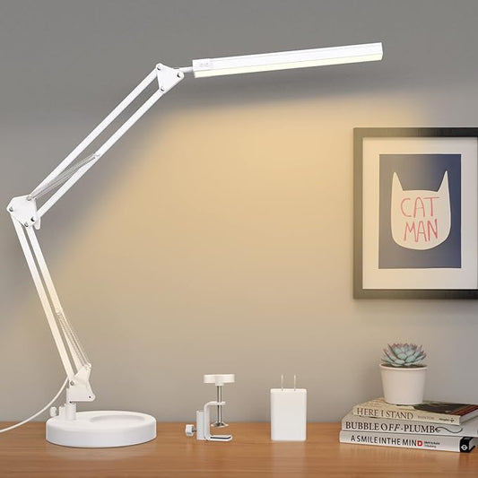 LED Desk Lamp with Clamp and Round Base,Eye Caring Table Lamp with Swing Arm,3 Color Modes 10 Brightness Levels,Memory Function,Desk Light for Home Office with USB Adapter White-14W - LeafyLoom