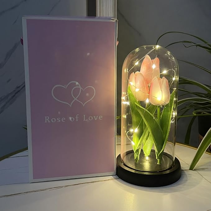 LED Tulip Lamp Artificial Flower Night Light Handmade Light up Tulips in Glass Dome Table Lamp Ornaments Desktop Decor - Battery Operated (Pink) - LeafyLoom