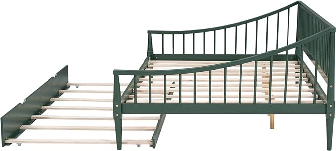 Full Size Daybed with Hideaway Trundle and Support Legs,Multi-functional Wood Bed Frame,W/Rails Three Sides,Easy to Assemble,for Bedroom,Living Room,Apartment,Green - LeafyLoom