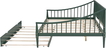 Full Size Daybed with Hideaway Trundle and Support Legs,Multi-functional Wood Bed Frame,W/Rails Three Sides,Easy to Assemble,for Bedroom,Living Room,Apartment,Green - LeafyLoom