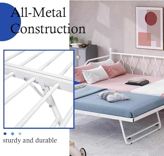 Full Daybed with Trundle, Metal Day Bed with Pull Out Trundle, Sofa Bed with Twin Size Portable Folding Trundle, Bed Frame for Bedroom, Living Room, Guest Room, Home, No Box Spring Needed, White - LeafyLoom