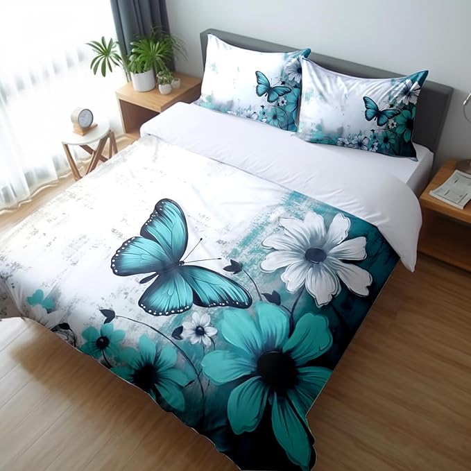 Butterfly Flowers Comforter Sets Full Size, Vintage Floral Butterfly Kids Bedding Sets for girls Teens 3 Piece Bedroom Decor - LeafyLoom