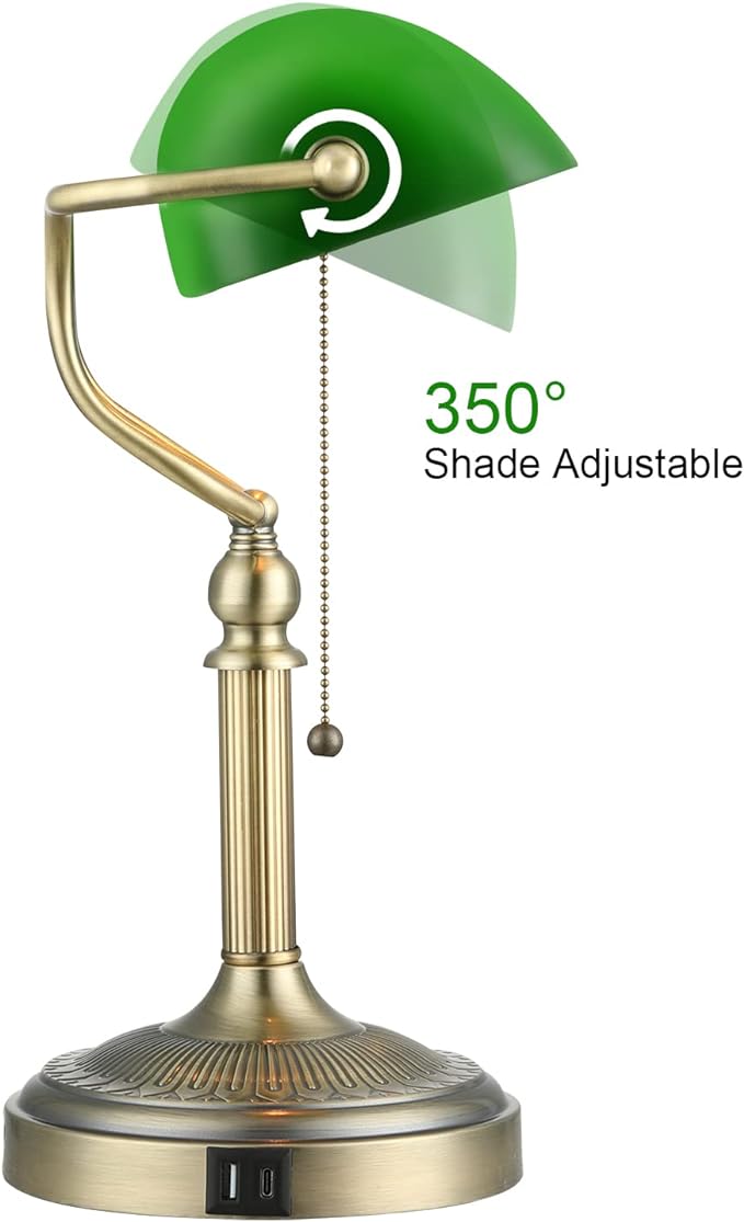 Newrays Green Glass Bankers Desk Lamp with Pull Chain Switch Plug in Fixture,USB Fast Charging Port - LeafyLoom