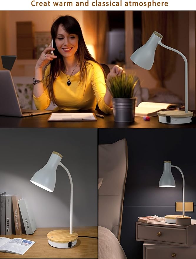 Metal Desk Lamp Touch Reading Lights Table Lamp Arc Desk Lamps for Bedroom, 3 Way Dimmable Bedside Lamp with USB Charging Ports, Reading Lamp for Study Room and Office - (White-02) - LeafyLoom