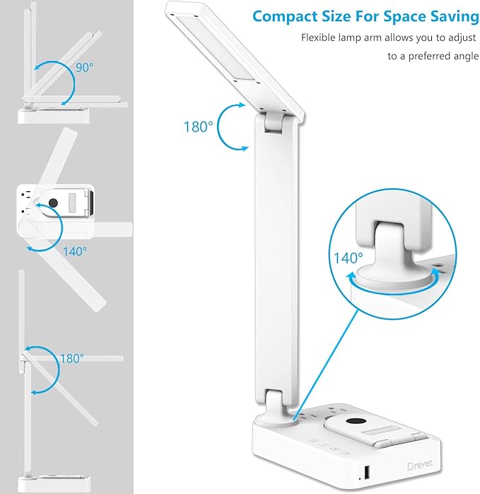 Drevet LED Desk Lamp with Wireless Charger, Desk Table Light with USB Charging Port and 2 Outlets, 3 Lighting Modes, 3 Level Brightness, 1H Timer, Touch Control, Eye-Caring Home Office Lamp, White - LeafyLoom