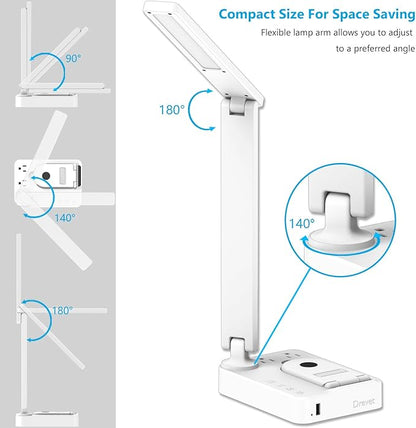 Drevet LED Desk Lamp with Wireless Charger, Desk Table Light with USB Charging Port and 2 Outlets, 3 Lighting Modes, 3 Level Brightness, 1H Timer, Touch Control, Eye-Caring Home Office Lamp, White - LeafyLoom