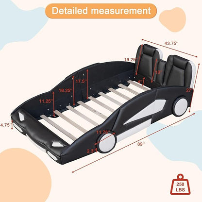 Twin Size Race Car-Shaped Bed Frame for Kids, Wooden Platform Bed with Guardrail and Upholstered Headboard, Wheels and Support Slats, for Boys Girls Child's Bedroom, No Spring Need (Black) - LeafyLoom