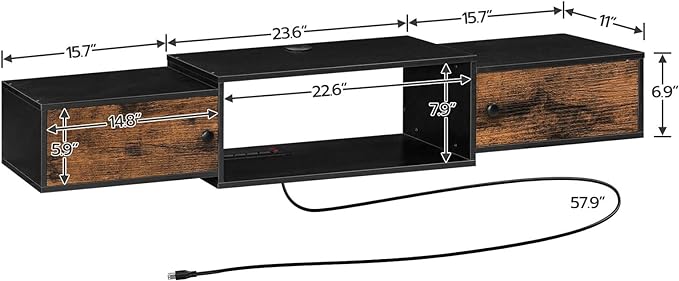 HOOBRO Floating TV Stand with Power Outlet 55", Modern Wall Mounted Media Console Shelf Cabinet for Under TV Storage, Entertainment Center, Living Room, Bedroom, Rustic Brown and Black BF11DS01 - LeafyLoom