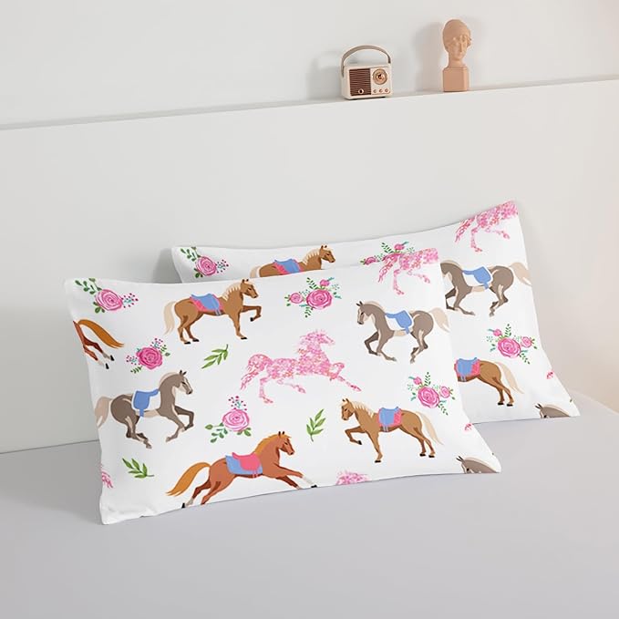 HOSIMA Kawaii Pink Rose Horse King Size Comforter Set,Cute Animal Horse Bedding Girls Teens Aesthetic Room Decor,Princess Toddler Bedding Set Cowboy Cowgirl Colorful Pony Comforter. - LeafyLoom