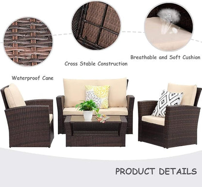 FDW Sectional Sofa Rattan Chair Wicker Conversation Set Outdoor Backyard Porch Poolside Balcony Garden Furniture with Coffee Table, Brown - LeafyLoom