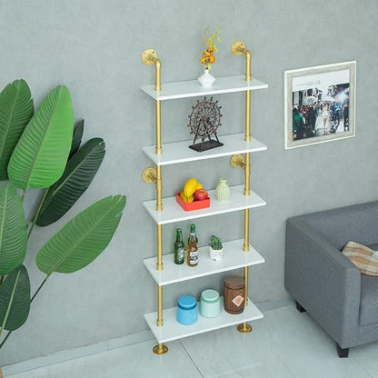 5 shelf Modern Gold Bookshelf, Wall Mount White Bookcase, Ladder Shelf with Metal Frame, Display Shelf Shelves for Living Room/Home/Office - LeafyLoom