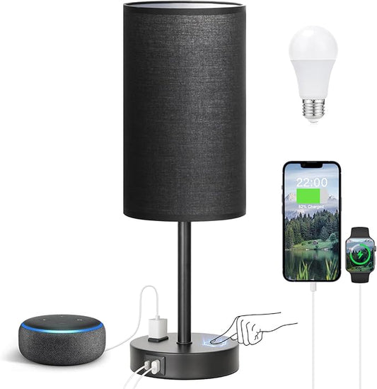 Touch Nightstand Lamp - Black, 3-Way Dimmable, USB A + C Charging, AC Outlet, 17.4inch Medium - LeafyLoom