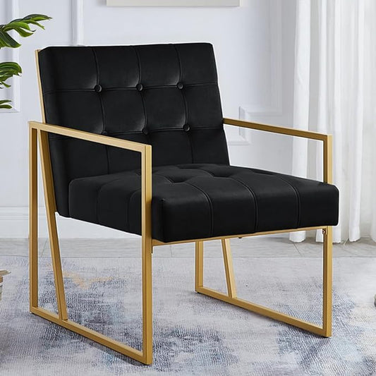 24KF Modern Black Velvet Button Tufted Accent Chair with Golden Metal Stand, Decorative Furniture Chairs for Living Room Bedroom - Black - LeafyLoom