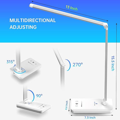 Ambertronix LED Desk Lamp with USB Charging Port, Dimmable Eye-Caring Reading Desk Light for Home, with 5 Brightness Level & 3 Lighting Modes, Touch Control, Auto Timer (White) - LeafyLoom