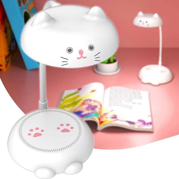 Cute Small Desk Lamp for Kids, Eye-caring Desk Light LED Reading Lamp, 3 Color Dimmable & 45min Timer, Battery Powered Cordless Lamp Rechargeable, Flexible Gooseneck Battery Operated Table Lamp, Cat - LeafyLoom