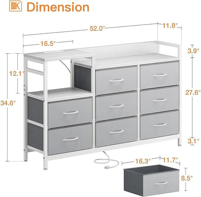 ODK Dresser with Charging Station, 52-Inch Long Dresser TV Stand for Bedroom, Large Dresser with 8 Storage Drawers, Chest of Drawers Easy-Pull Fabric Dressers for Living Room, White and Light Grey - LeafyLoom