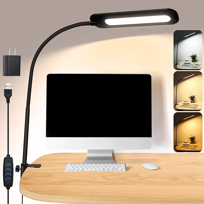 LED Desk lamps with Clamp for Home Office,High Brightness,3 Color Temperatures and Dimmable Clip On Desk Light,Flexible Gooseneck Desk Lamp with USB Adapter,Black - LeafyLoom