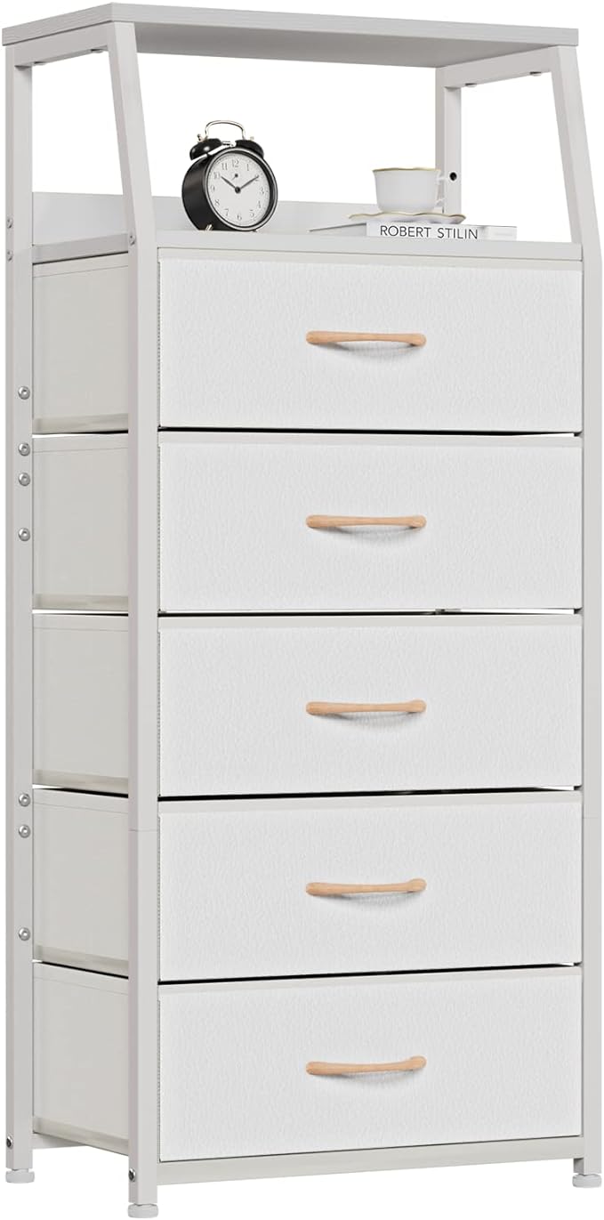 Furnulem White Dresser with 5 Drawers, Vertical Storage Tower Fabric Dresser for Bedroom, Hallway, Entryway, Nursery, Closet Organizer, Nightstand Bedside Table Furniture, Sturdy Steel Frame, Wood Top - LeafyLoom