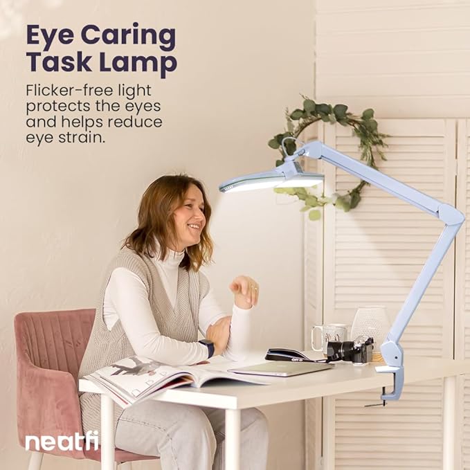 Neatfi Elite HD XL Task Lamp, 3 Light Modes, 90PCS SMD LED, Super Bright Desk Lamp, Eye-Caring LED Lamp, Non-Polar Dimming, Adjustable Brightness Levels (CCT with Clamp, Green Ring, 17 Inches) - LeafyLoom