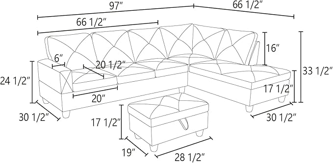 L-Shape Sectional Sofa with Storage Ottoman, 4-Seat Couch with Chaise Fabric Upholstered for Living Room, Apartment, Office, Brown - LeafyLoom