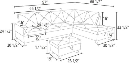 L-Shape Sectional Sofa with Storage Ottoman, 4-Seat Couch with Chaise Fabric Upholstered for Living Room, Apartment, Office, Brown - LeafyLoom