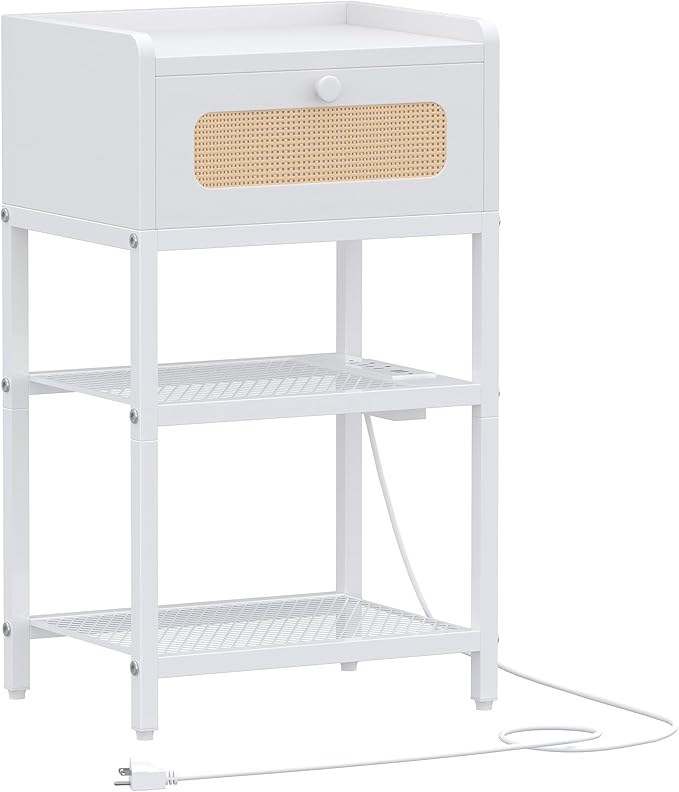 Night Stand, Side Table with Rattan Drawer, Nightstand with Charging Station, Industrial Bedside Table with 3-Tier Storage, White JET003CW1 - LeafyLoom