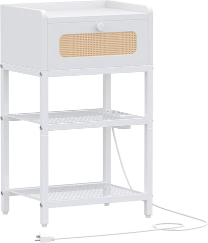 Night Stand, Side Table with Rattan Drawer, Nightstand with Charging Station, Industrial Bedside Table with 3-Tier Storage, White JET003CW1 - LeafyLoom