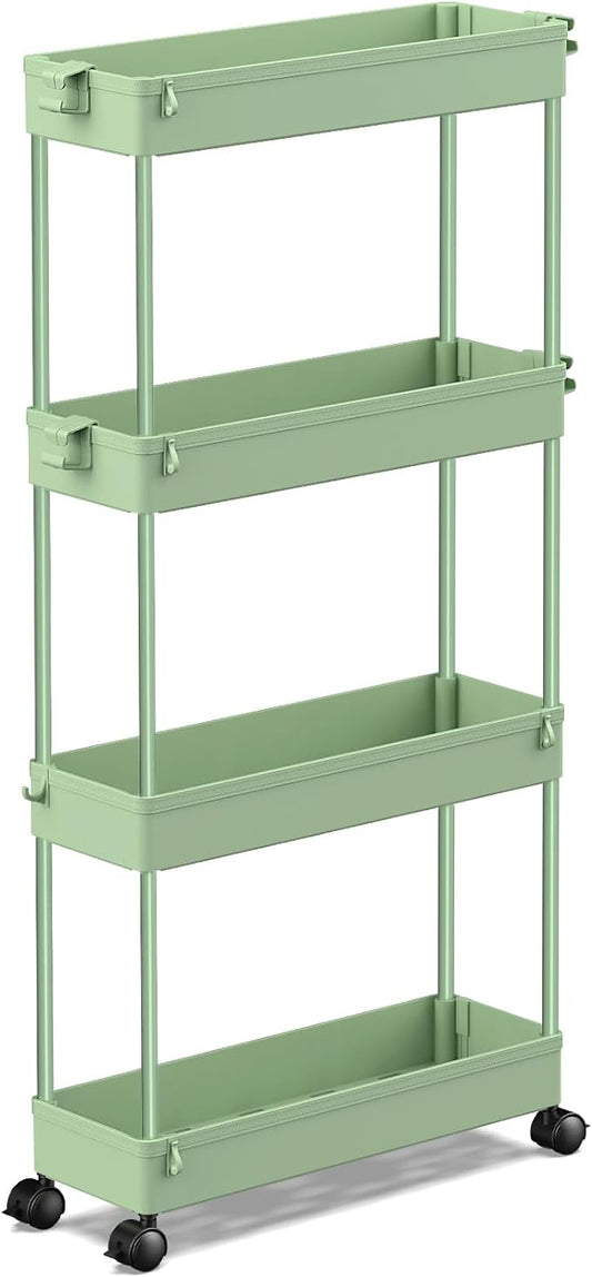 SPACEKEEPER Slim Rolling Storage Cart 4 Tier Bathroom Organizer Utility Cart Mobile Shelving Unit Tower Rack for Kitchen, Laundry Room, Bathroom, Narrow Places, Green - LeafyLoom